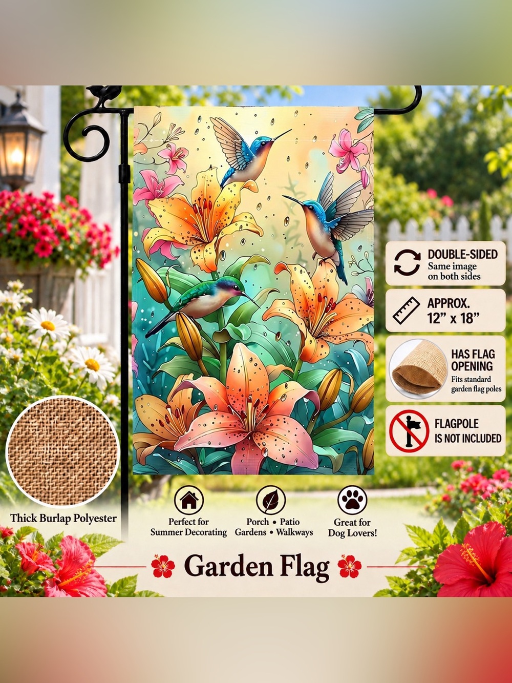 Garden Flag, hummingbirds & lilies, roulette, polyester, double sided, 12”x18”